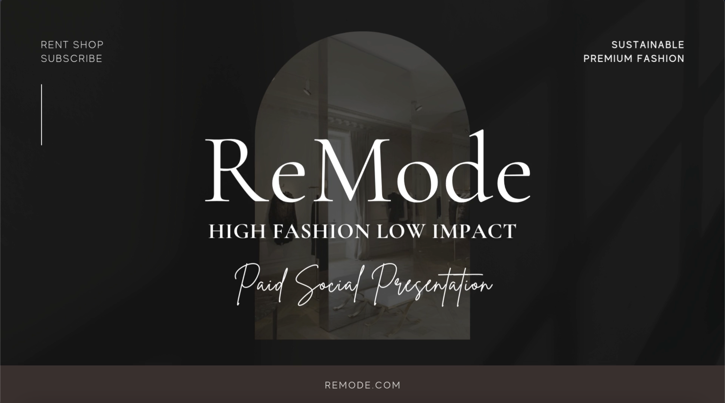 ReMode brand presentation with tagline 'High Fashion, Low Impact' featuring a modern, sustainable showroom design.